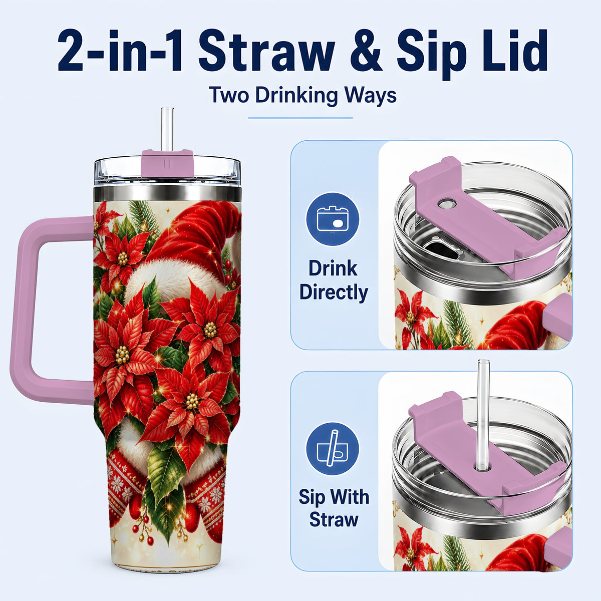 #pl[40oz|Pink] Christmas Poinsettia 40oz Tumbler with Handle, Holiday Floral Design