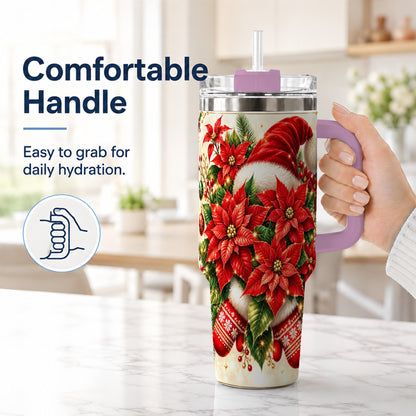 #pl[40oz|Pink] Christmas Poinsettia 40oz Tumbler with Handle, Holiday Floral Design
