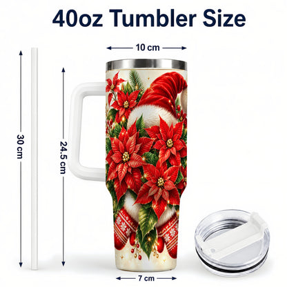 #pl[40oz|White] Christmas Poinsettia 40oz Tumbler with Handle, Holiday Floral Design