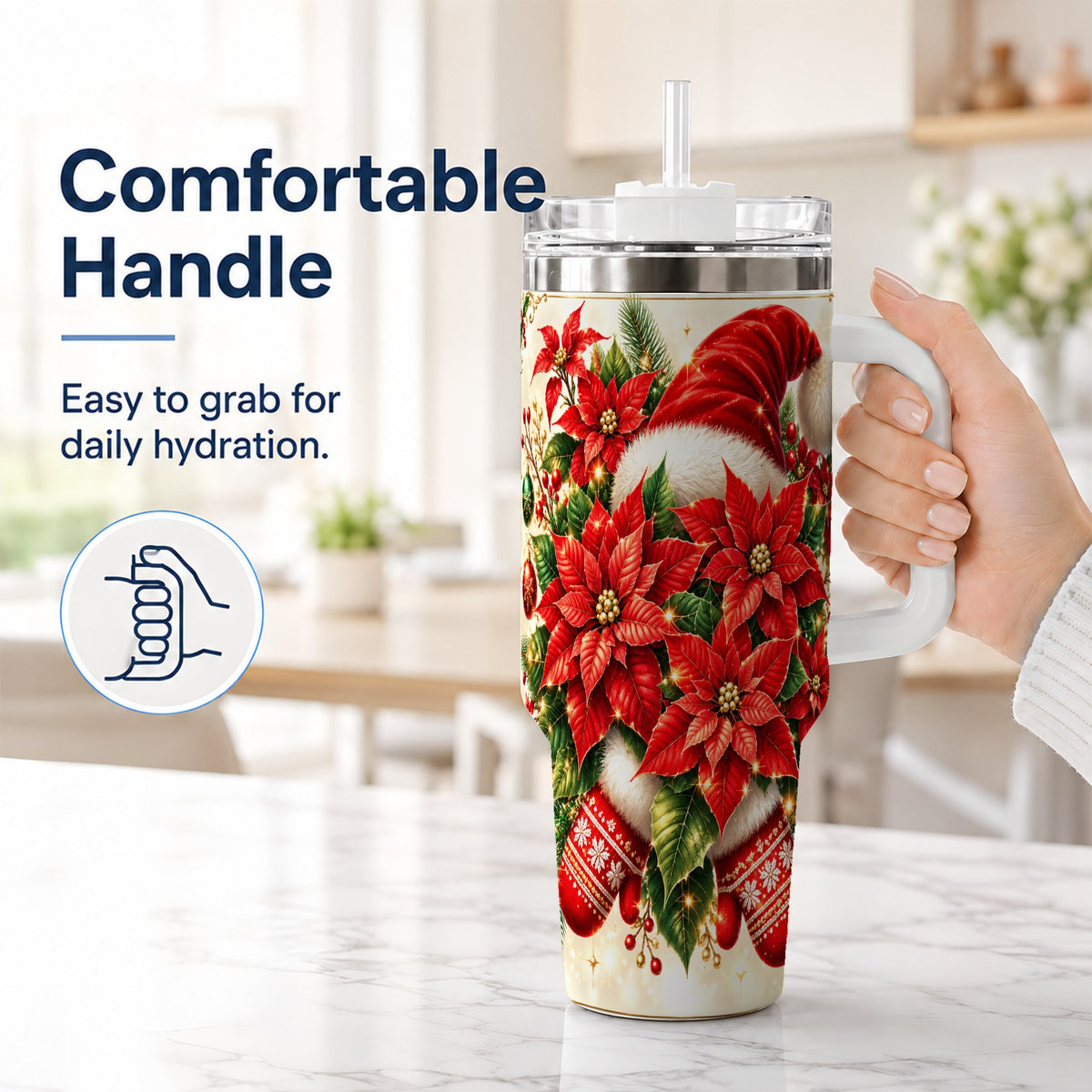 #pl[40oz|White] Christmas Poinsettia 40oz Tumbler with Handle, Holiday Floral Design