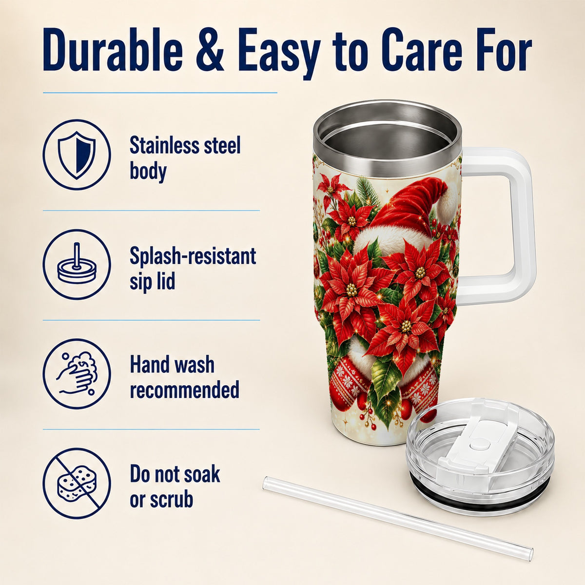 Christmas Poinsettia 40oz Tumbler with Handle, Holiday Floral Design