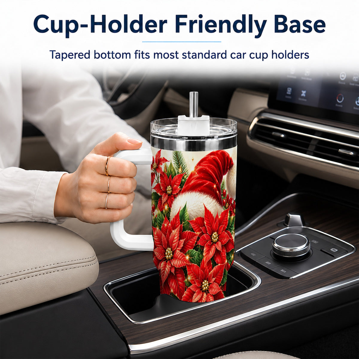 Christmas Poinsettia 40oz Tumbler with Handle, Holiday Floral Design