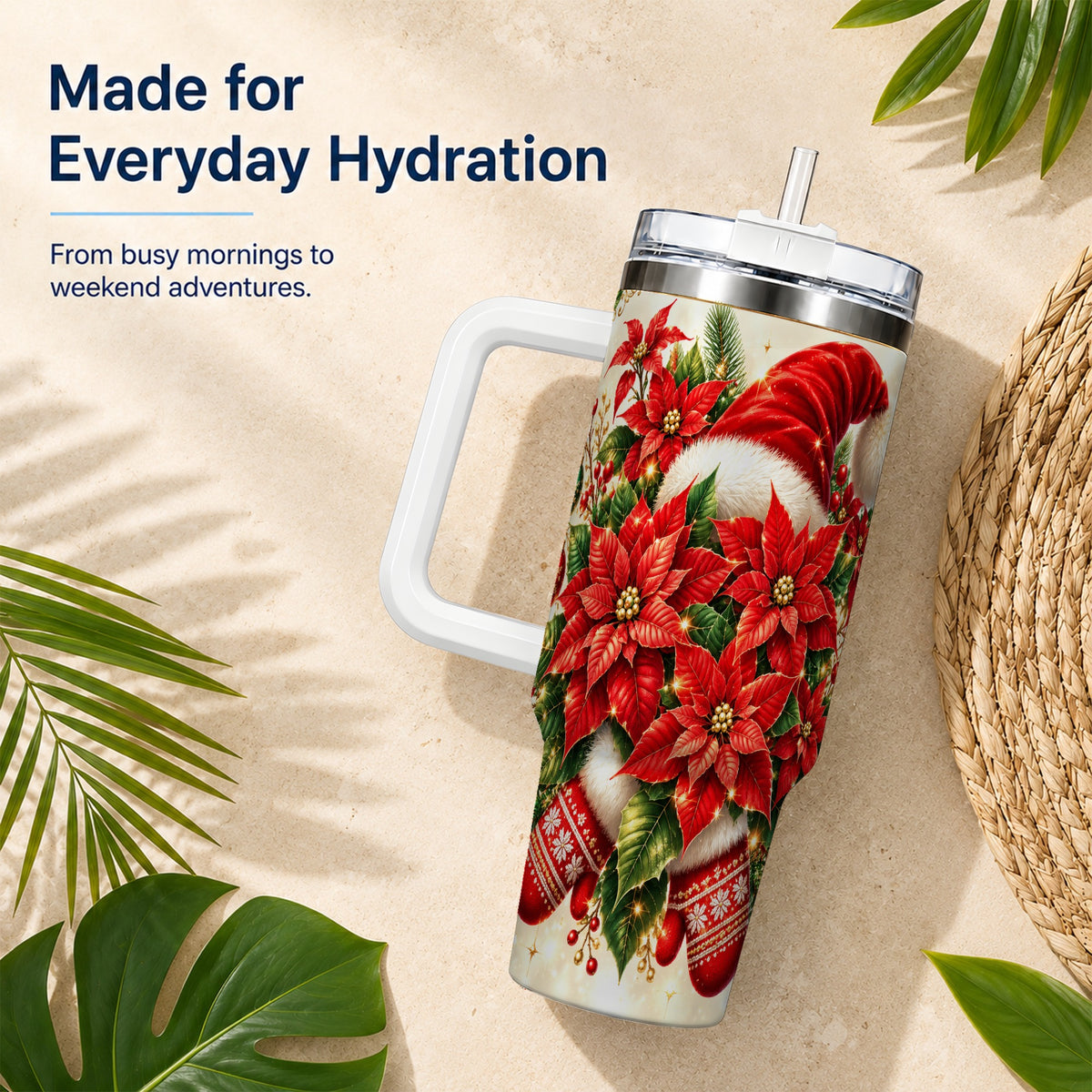 Christmas Poinsettia 40oz Tumbler with Handle, Holiday Floral Design