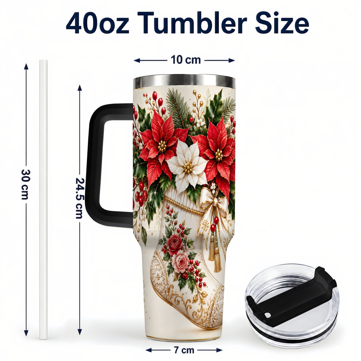 #pl[40oz|Black] Christmas Stocking 40oz Tumbler with Handle, Vintage Poinsettia Art