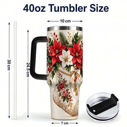 #pl[40oz|Black] Christmas Stocking 40oz Tumbler with Handle, Vintage Poinsettia Art
