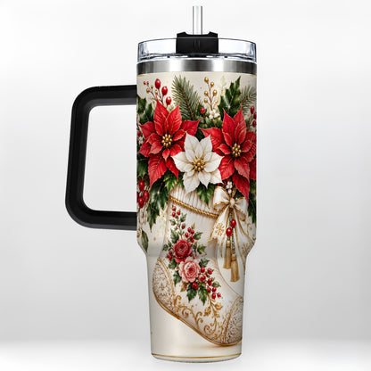 #pl[40oz|Black] Christmas Stocking 40oz Tumbler with Handle, Vintage Poinsettia Art