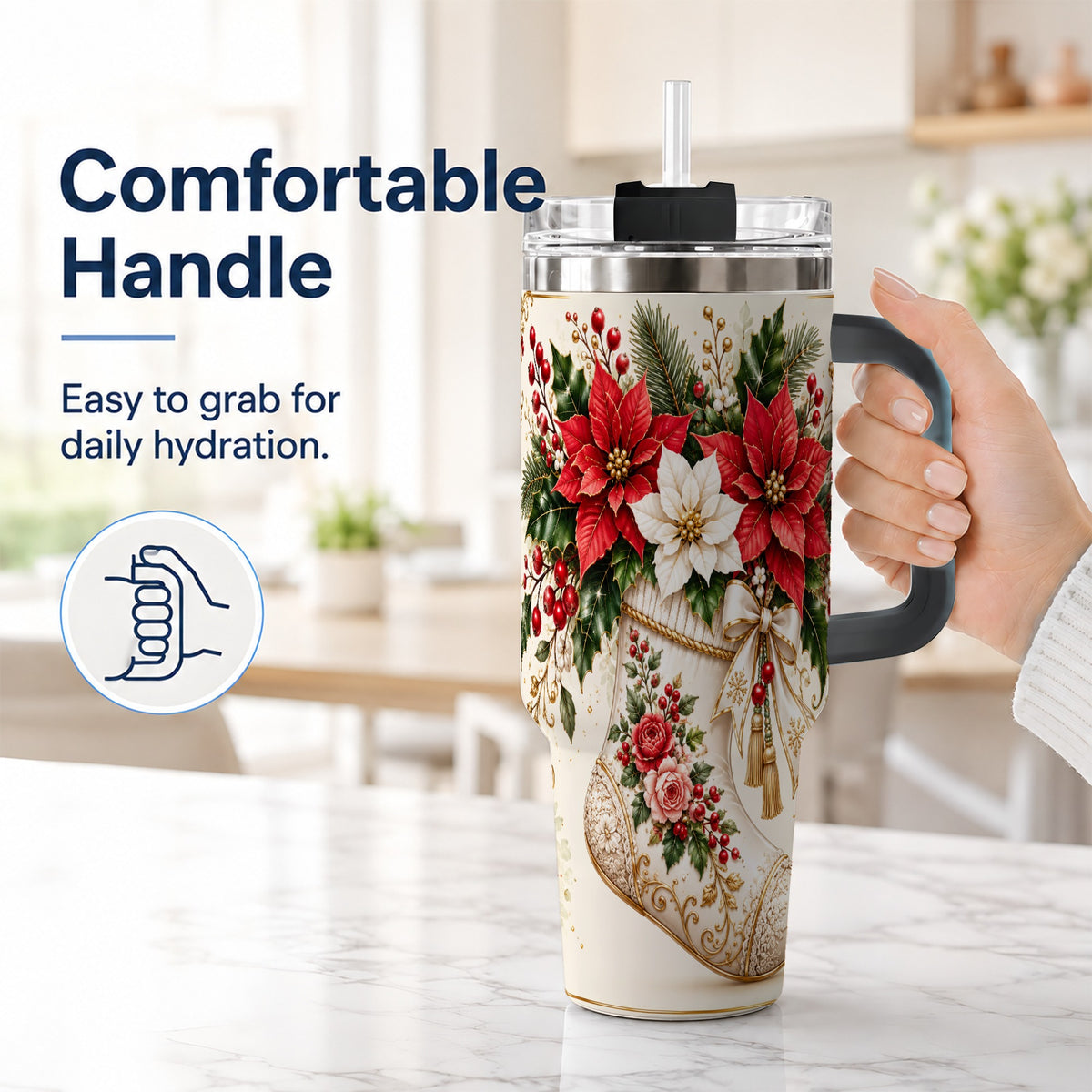 #pl[40oz|Black] Christmas Stocking 40oz Tumbler with Handle, Vintage Poinsettia Art