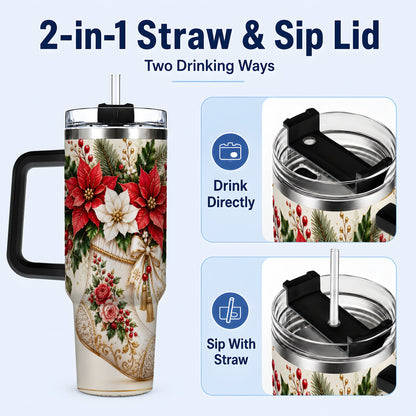 #pl[40oz|Black] Christmas Stocking 40oz Tumbler with Handle, Vintage Poinsettia Art