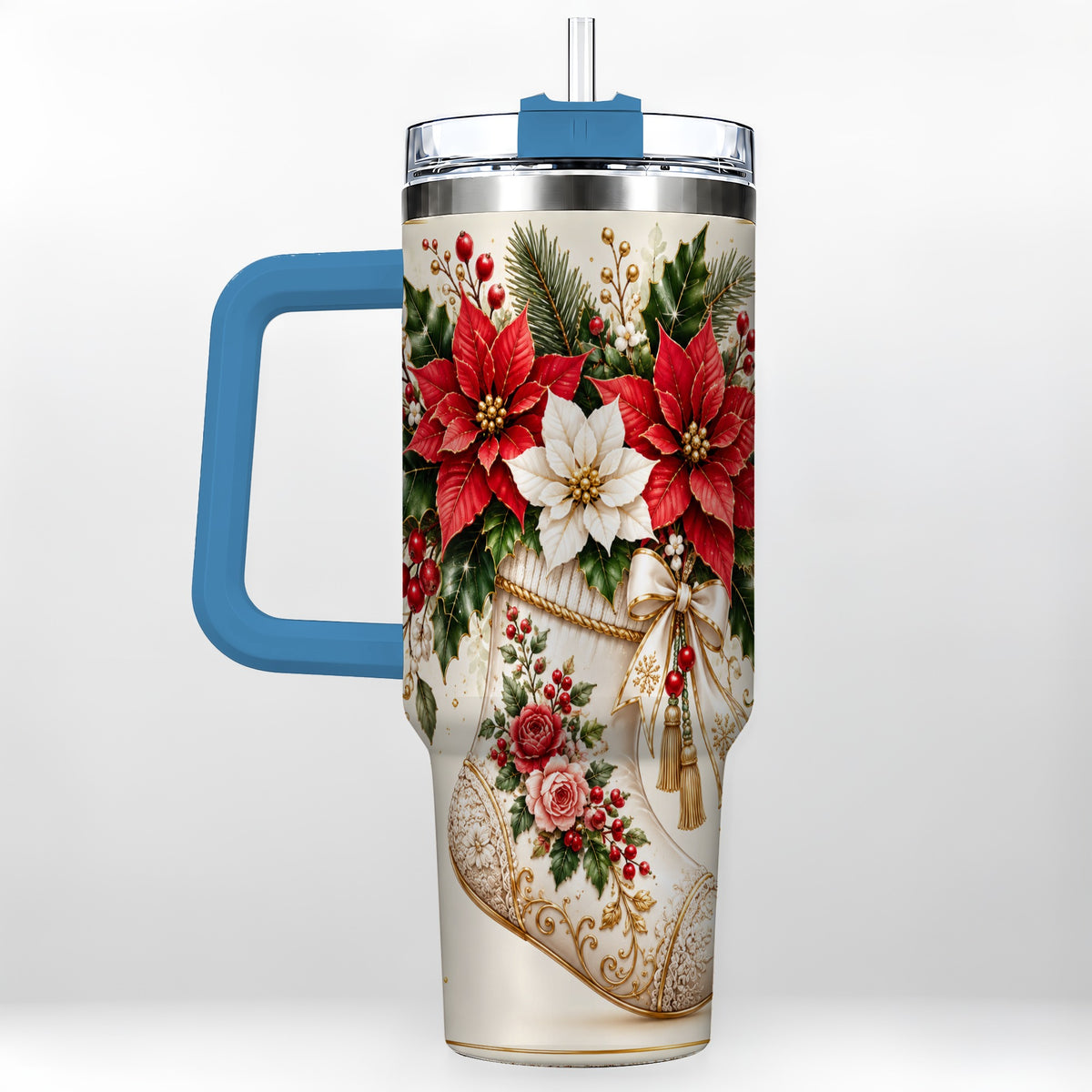 #pl[40oz|Blue] Christmas Stocking 40oz Tumbler with Handle, Vintage Poinsettia Art
