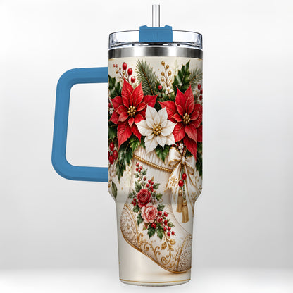 #pl[40oz|Blue] Christmas Stocking 40oz Tumbler with Handle, Vintage Poinsettia Art