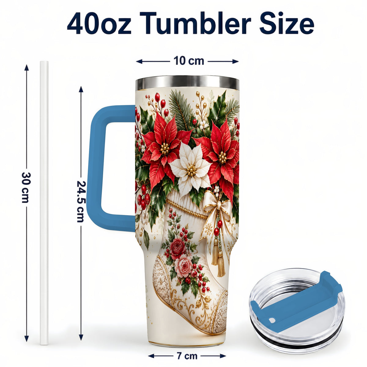 #pl[40oz|Blue] Christmas Stocking 40oz Tumbler with Handle, Vintage Poinsettia Art