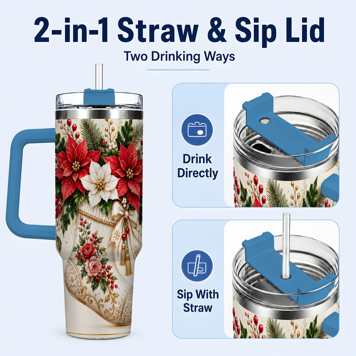 #pl[40oz|Blue] Christmas Stocking 40oz Tumbler with Handle, Vintage Poinsettia Art