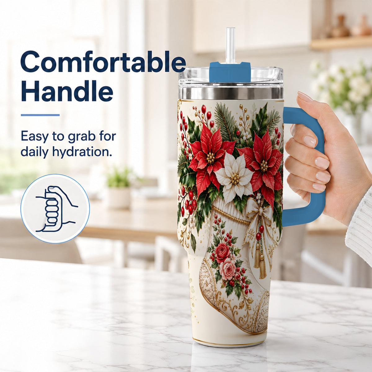 #pl[40oz|Blue] Christmas Stocking 40oz Tumbler with Handle, Vintage Poinsettia Art