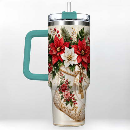 #pl[40oz|Green] Christmas Stocking 40oz Tumbler with Handle, Vintage Poinsettia Art