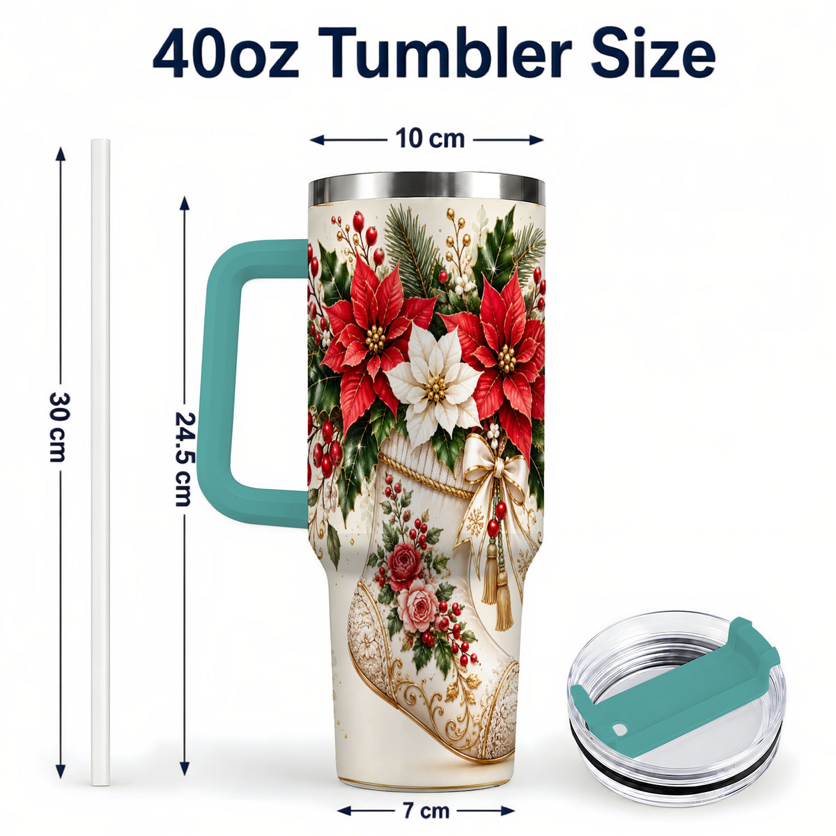 #pl[40oz|Green] Christmas Stocking 40oz Tumbler with Handle, Vintage Poinsettia Art