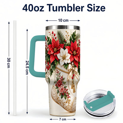 #pl[40oz|Green] Christmas Stocking 40oz Tumbler with Handle, Vintage Poinsettia Art