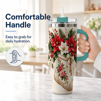 #pl[40oz|Green] Christmas Stocking 40oz Tumbler with Handle, Vintage Poinsettia Art
