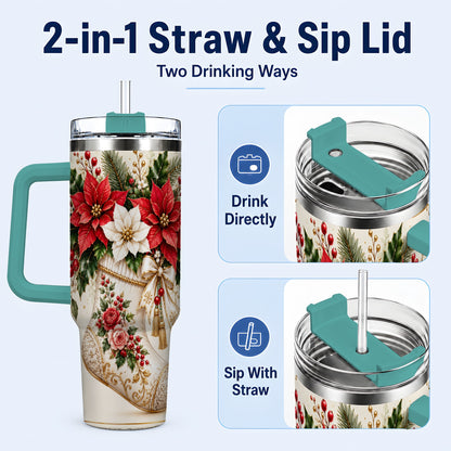 #pl[40oz|Green] Christmas Stocking 40oz Tumbler with Handle, Vintage Poinsettia Art