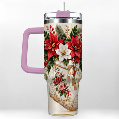 #pl[40oz|Pink] Christmas Stocking 40oz Tumbler with Handle, Vintage Poinsettia Art