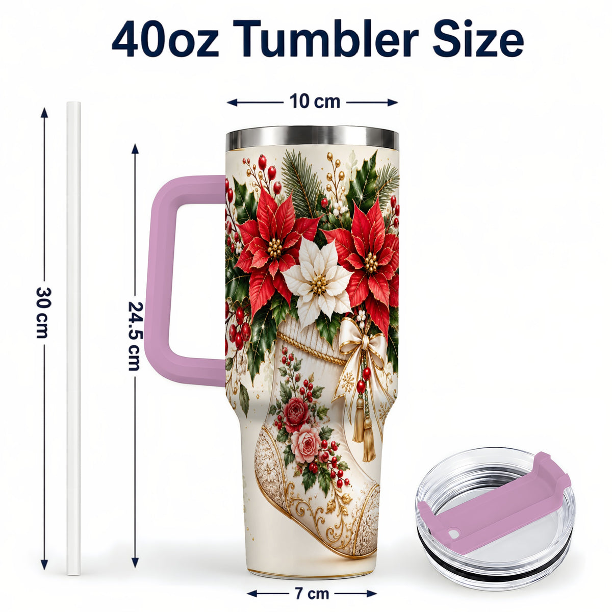#pl[40oz|Pink] Christmas Stocking 40oz Tumbler with Handle, Vintage Poinsettia Art