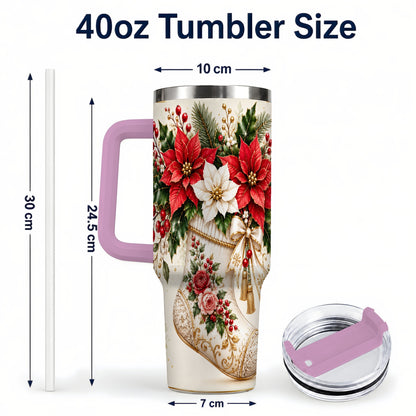 #pl[40oz|Pink] Christmas Stocking 40oz Tumbler with Handle, Vintage Poinsettia Art