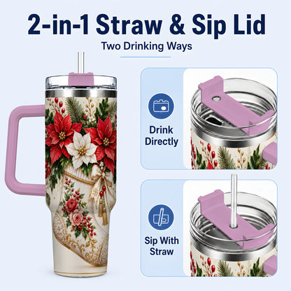 #pl[40oz|Pink] Christmas Stocking 40oz Tumbler with Handle, Vintage Poinsettia Art