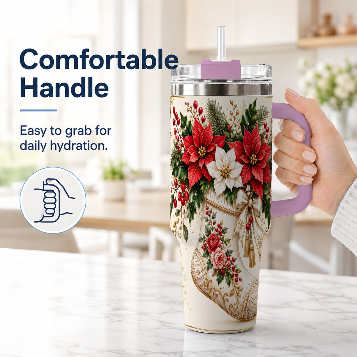 #pl[40oz|Pink] Christmas Stocking 40oz Tumbler with Handle, Vintage Poinsettia Art