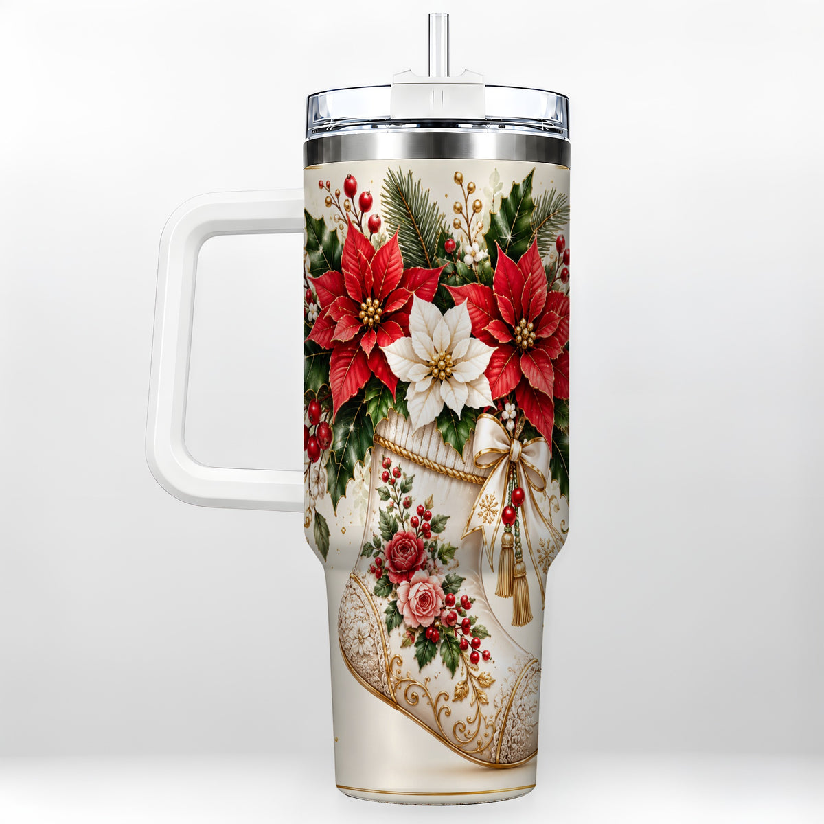 Christmas Stocking 40oz Tumbler with Handle, Vintage Poinsettia Art