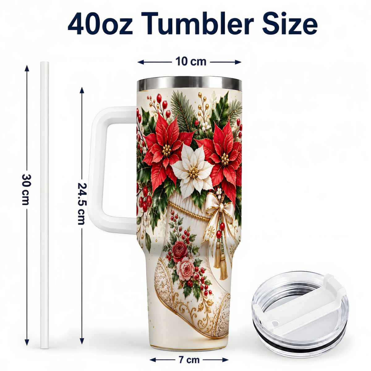 #pl[40oz|White] Christmas Stocking 40oz Tumbler with Handle, Vintage Poinsettia Art