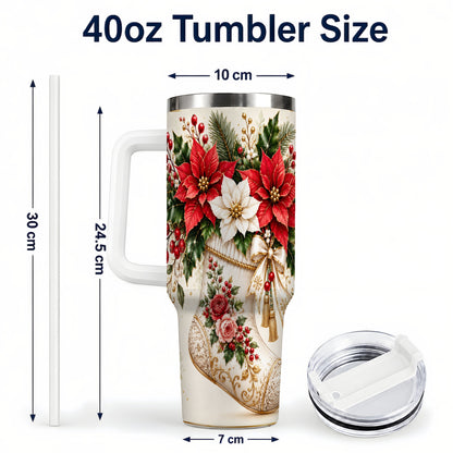 #pl[40oz|White] Christmas Stocking 40oz Tumbler with Handle, Vintage Poinsettia Art