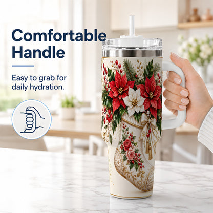 #pl[40oz|White] Christmas Stocking 40oz Tumbler with Handle, Vintage Poinsettia Art