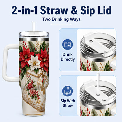 #pl[40oz|White] Christmas Stocking 40oz Tumbler with Handle, Vintage Poinsettia Art