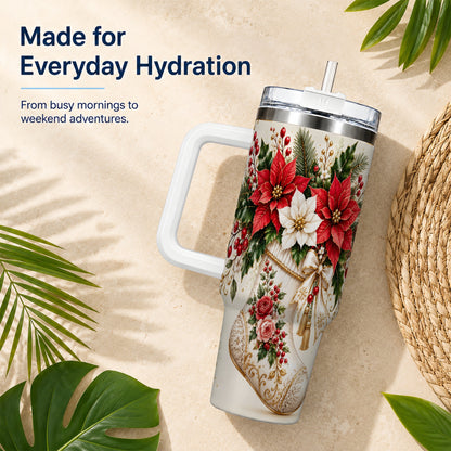 Christmas Stocking 40oz Tumbler with Handle, Vintage Poinsettia Art
