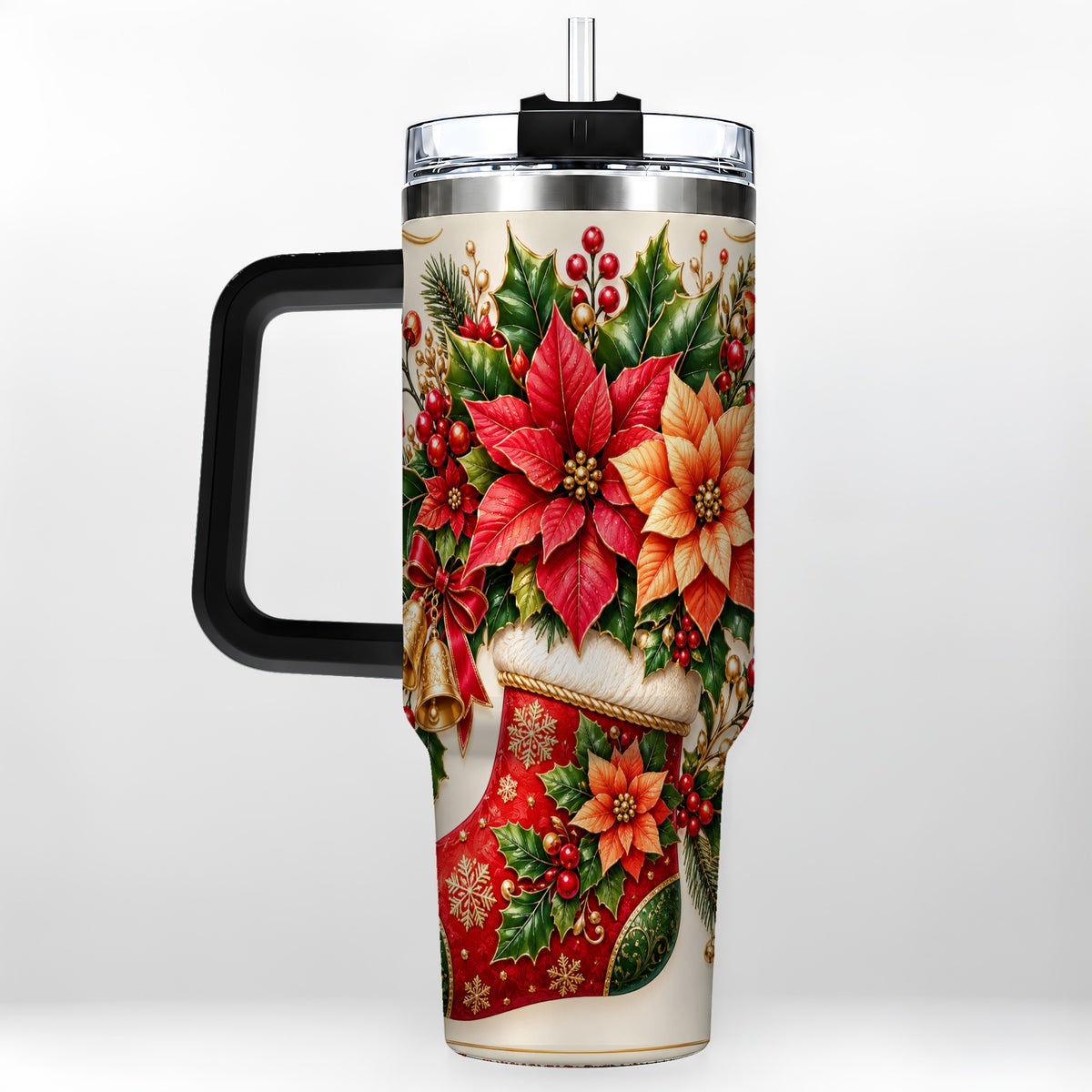 #pl[40oz|Black] Christmas Stocking 40oz Tumbler with Handle, Golden Bells Floral Art