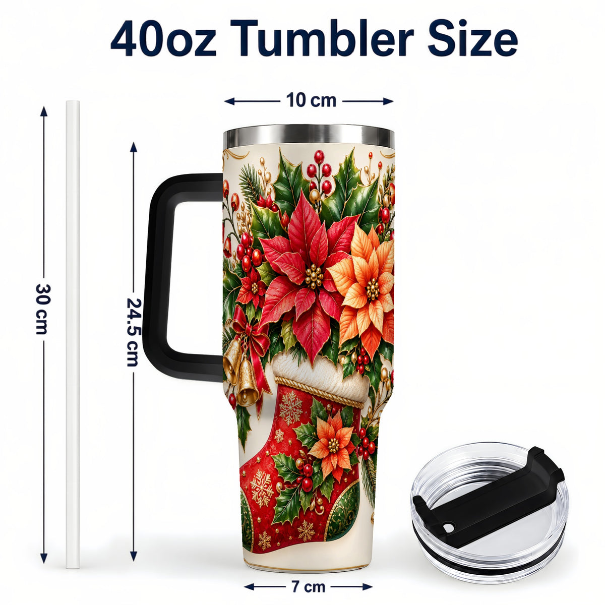 #pl[40oz|Black] Christmas Stocking 40oz Tumbler with Handle, Golden Bells Floral Art