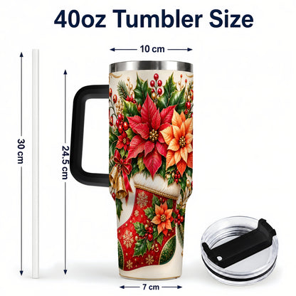 #pl[40oz|Black] Christmas Stocking 40oz Tumbler with Handle, Golden Bells Floral Art