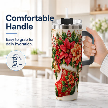 #pl[40oz|Black] Christmas Stocking 40oz Tumbler with Handle, Golden Bells Floral Art