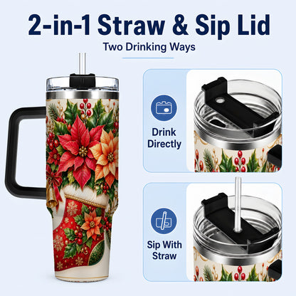 #pl[40oz|Black] Christmas Stocking 40oz Tumbler with Handle, Golden Bells Floral Art