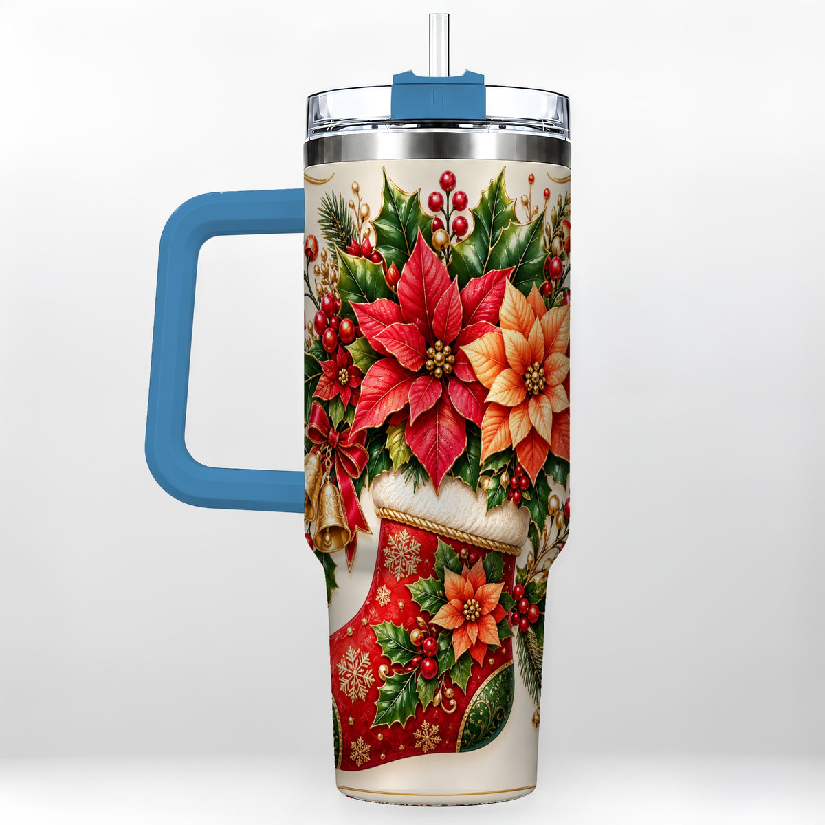 #pl[40oz|Blue] Christmas Stocking 40oz Tumbler with Handle, Golden Bells Floral Art