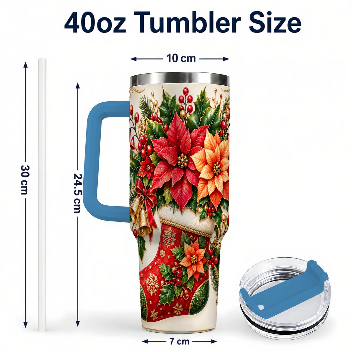 #pl[40oz|Blue] Christmas Stocking 40oz Tumbler with Handle, Golden Bells Floral Art