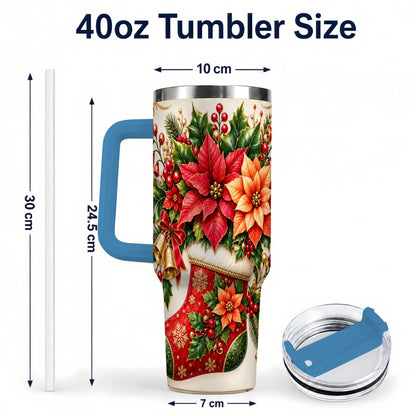 #pl[40oz|Blue] Christmas Stocking 40oz Tumbler with Handle, Golden Bells Floral Art