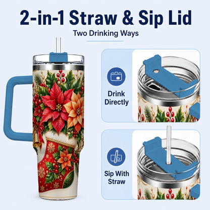 #pl[40oz|Blue] Christmas Stocking 40oz Tumbler with Handle, Golden Bells Floral Art