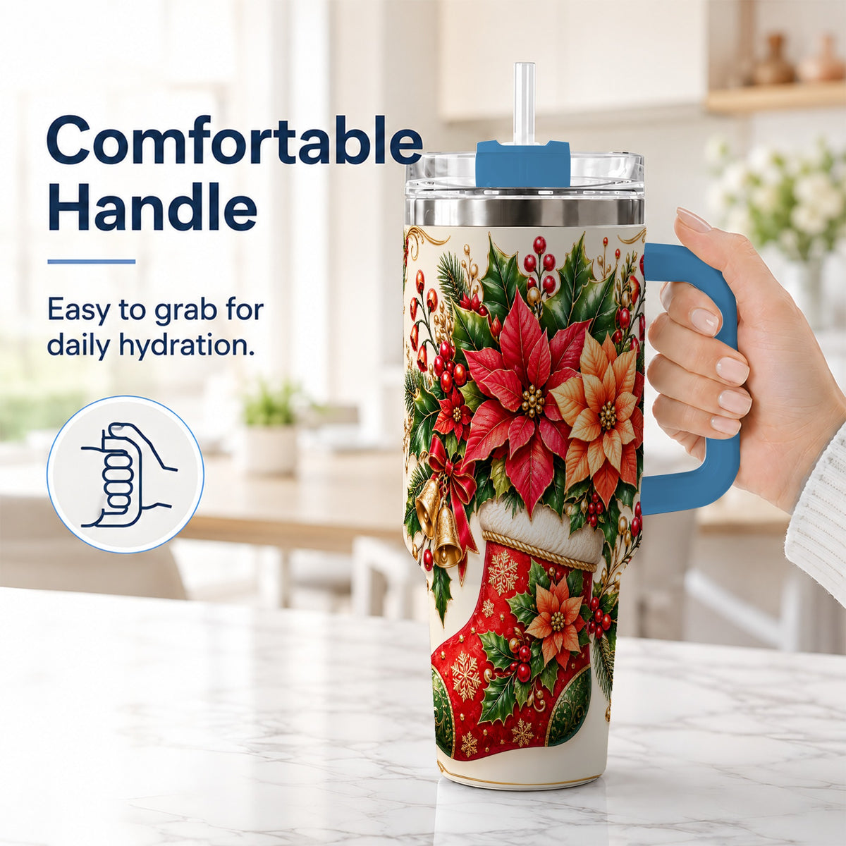 #pl[40oz|Blue] Christmas Stocking 40oz Tumbler with Handle, Golden Bells Floral Art