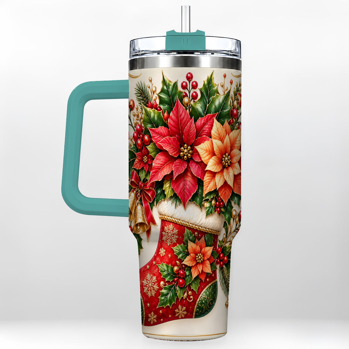#pl[40oz|Green] Christmas Stocking 40oz Tumbler with Handle, Golden Bells Floral Art