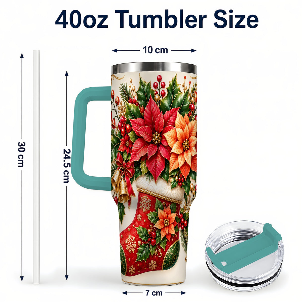 #pl[40oz|Green] Christmas Stocking 40oz Tumbler with Handle, Golden Bells Floral Art