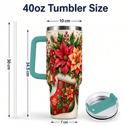 #pl[40oz|Green] Christmas Stocking 40oz Tumbler with Handle, Golden Bells Floral Art