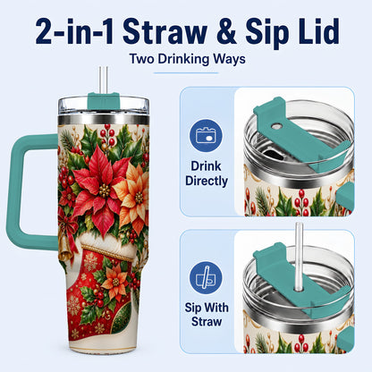 #pl[40oz|Green] Christmas Stocking 40oz Tumbler with Handle, Golden Bells Floral Art