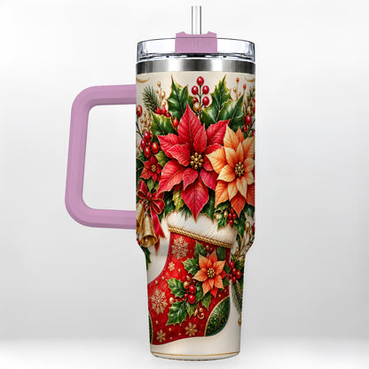 #pl[40oz|Pink] Christmas Stocking 40oz Tumbler with Handle, Golden Bells Floral Art