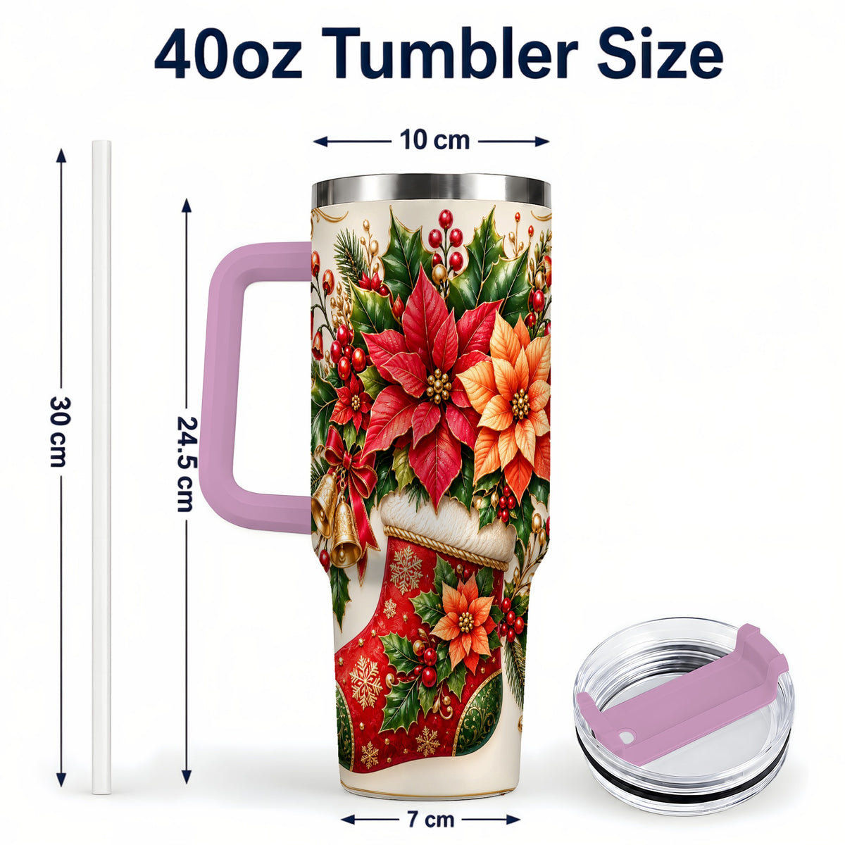 #pl[40oz|Pink] Christmas Stocking 40oz Tumbler with Handle, Golden Bells Floral Art