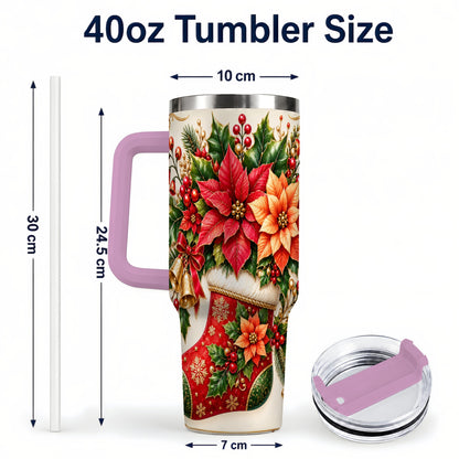#pl[40oz|Pink] Christmas Stocking 40oz Tumbler with Handle, Golden Bells Floral Art